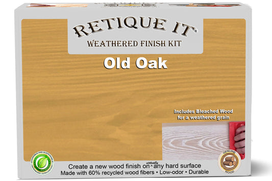 Retique It Weathered Finish Kit in Old Oak, showcasing wood finish samples with a weathered, rustic oak appearance.