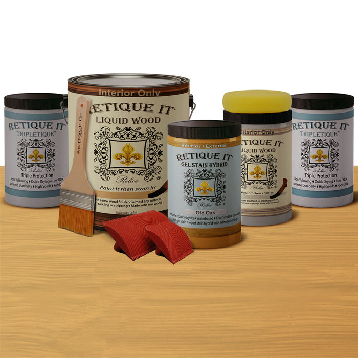 Retique It Weathered Finish Kit in Old Oak with bleached wood finish, showcasing textured wood surfaces and aged appearance.