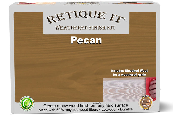 Retique It Weathered Finish Kit in Pecan showing wood finish samples with a weathered, rustic appearance and natural wood grain details.