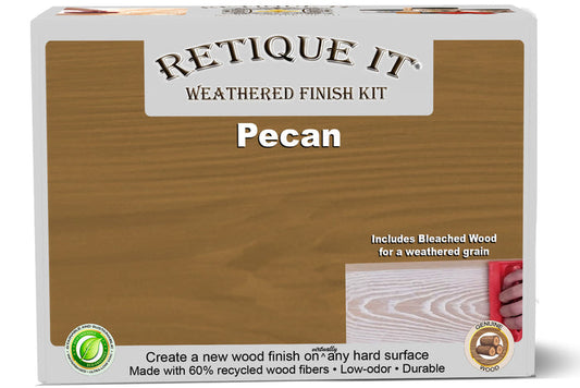 Retique It Weathered Finish Kit in Pecan showing wood finish samples with a weathered, rustic appearance and natural wood grain details.