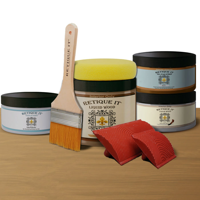 Retique It weathered finish kit in Pecan with bleached wood finish, showcasing natural wood grain and textured surface.
