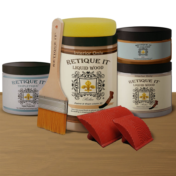 Retique It Weathered Finish Kit in Pecan with a bleached effect, designed for wood finishing and restoration.