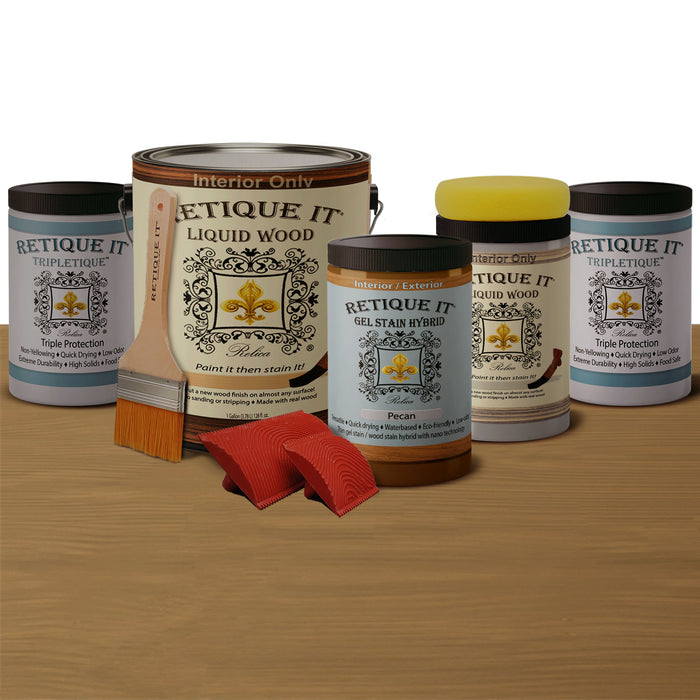 Retique It weathered finish kit in Pecan with a bleached look, designed for wood finishing projects.