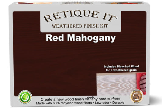 Retique It Weathered Finish Kit in Red Mahogany wood finish with textured weathered look and natural wood grain details.