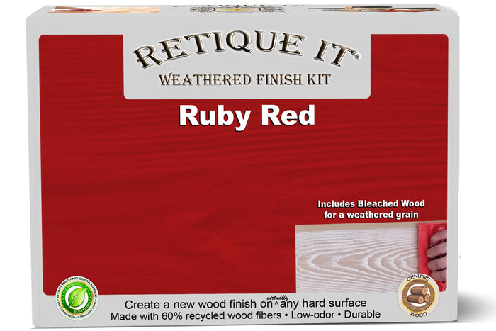 Retique It Weathered Finish Kit in Ruby Red for wood finishes, showing the textured weathered look and color application.