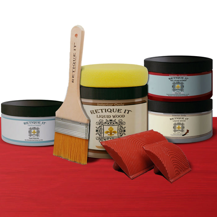 Retique It Weathered Finish Kit in Ruby Red wood finish, featuring a textured, weathered look on wood surfaces.