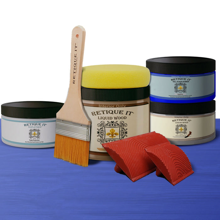 Weathered Finish Kit in sapphire by Retique It, featuring wood finish samples with a bleached, textured appearance.