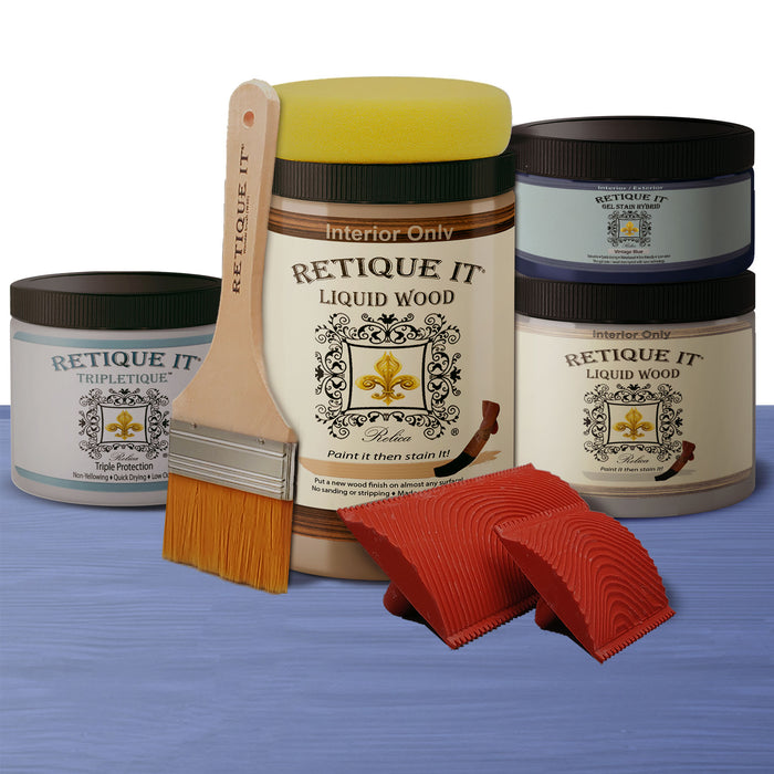 Retique It Weathered Finish Kit in Vintage Blue for wood, featuring a distressed, aged blue wood finish with a weathered look.