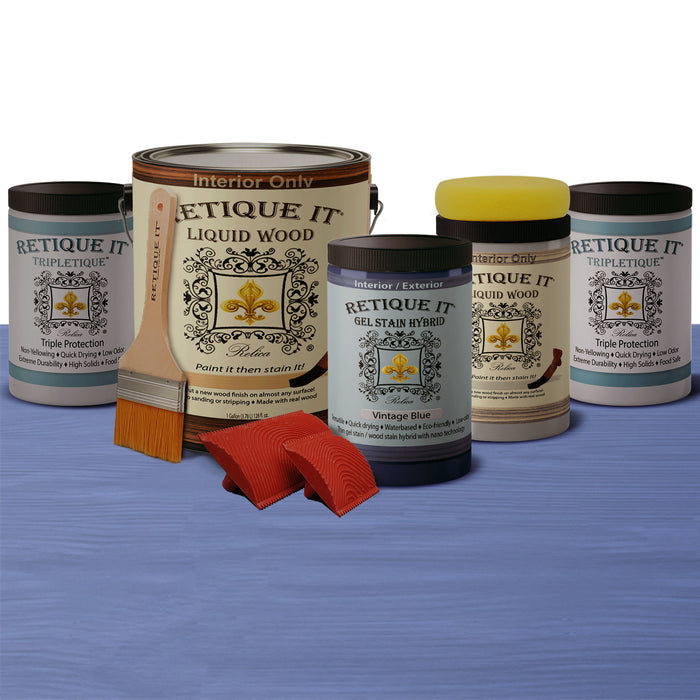 Retique It Weathered Finish Kit in Vintage Blue with a distressed wood finish, featuring a bleached, weathered look.