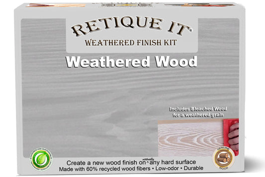 Retique It Weathered Finish Kit showing weathered wood textures and colors for wood finishing projects.