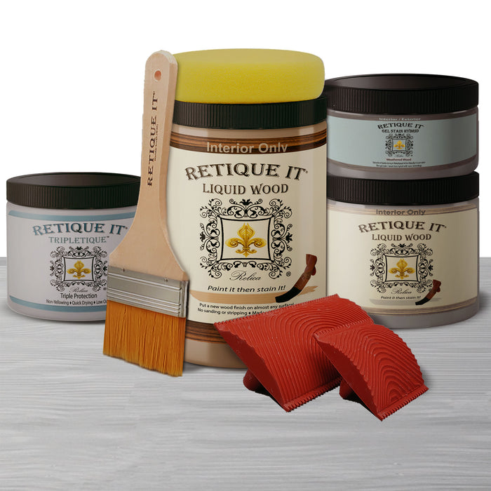 Retique It Weathered Finish Kit featuring weathered wood effects for wood finishes and restoration projects.