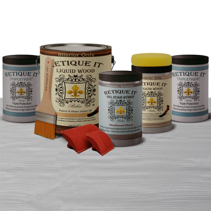 Retique It Weathered Finish Kit for Weathered Wood showing different stain and finish samples on wood surfaces