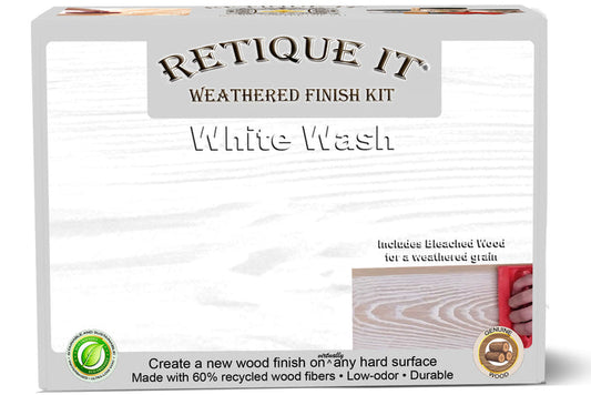 Retique It Weathered Finish Kit in white wash for wood, showing brushes and sample wood with weathered, rustic appearance.