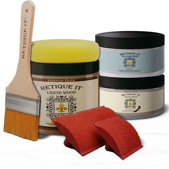 Retique It Weathered Finish Kit in White Wash for wood, featuring a distressed, bleached look on wood surfaces.