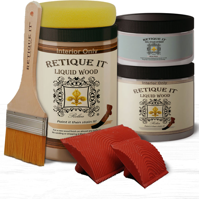 Retique It Weathered Finish Kit in White Wash for wood, featuring a light, bleached appearance with a weathered texture.