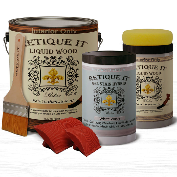 Retique It Weathered Finish Kit in White Wash, wood finish set with brushes and tools for a distressed, aged wood appearance.