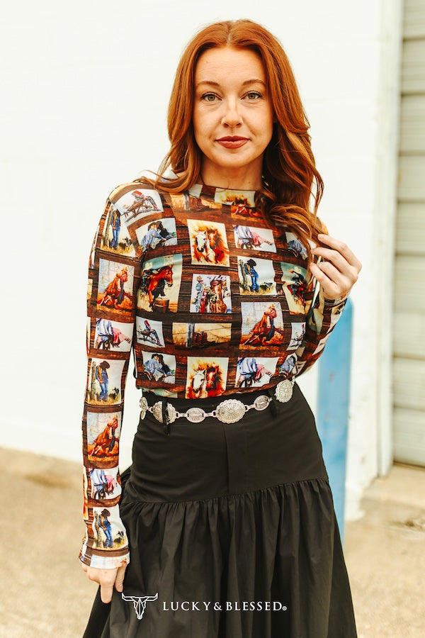 Western Collage Printed Long Sleeve Mesh Top