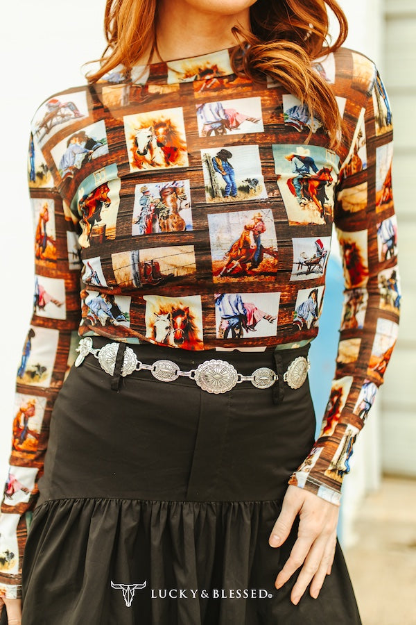 Western Collage Printed Long Sleeve Mesh Top