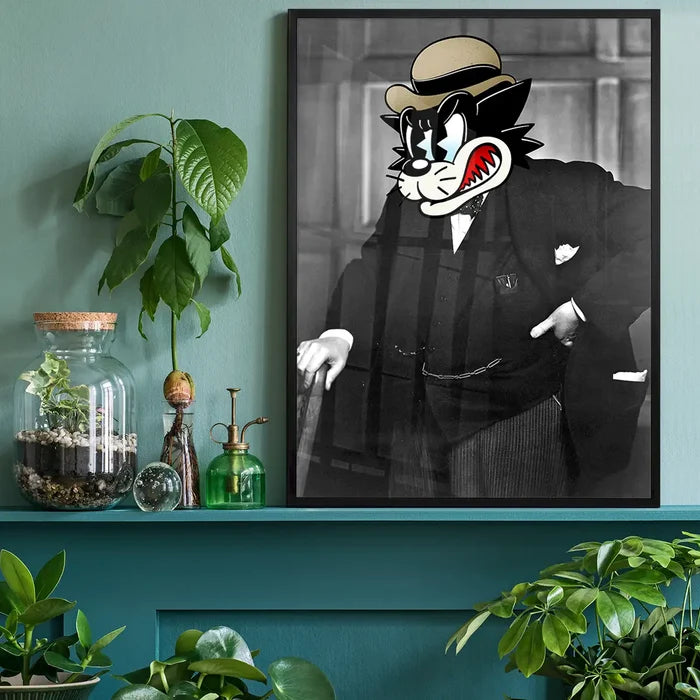 Winston The Cat Portrait Print, quirky altered art print black framed on a living room shelf