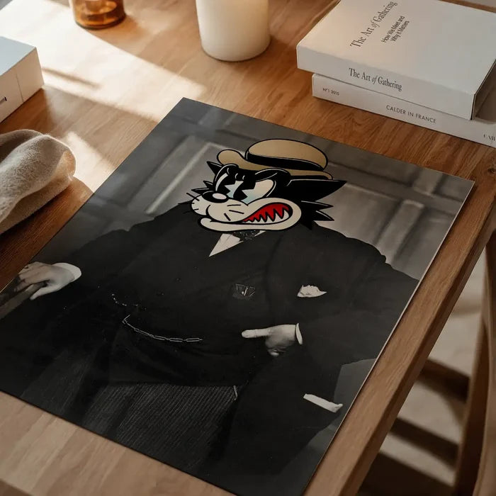 Winston The Cat Portrait Print, quirky altered art print unframed on a home office desk