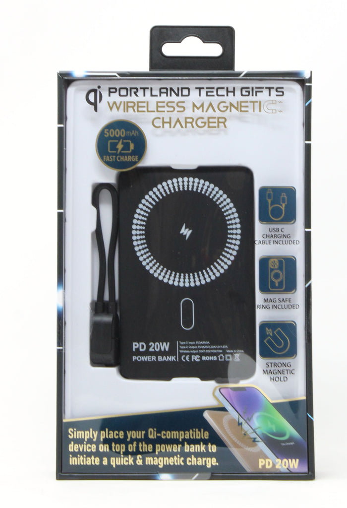 Wireless magnetic charger packaging with text and icons on a white background