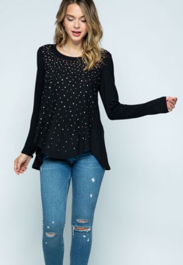 WOMEN KNIT LONG SLEEVE TOP WITH STONES