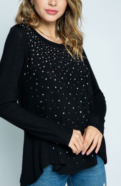 WOMEN KNIT LONG SLEEVE TOP WITH STONES