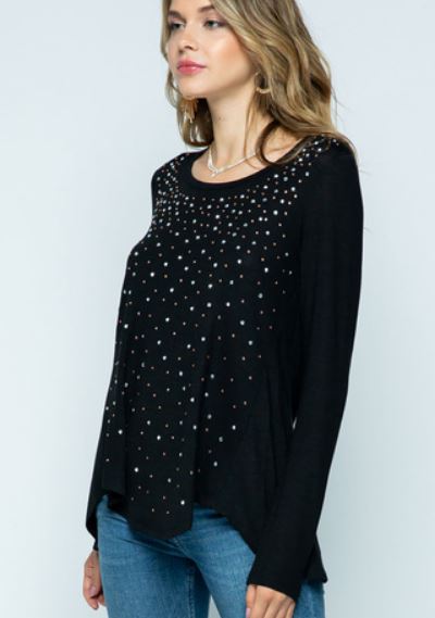WOMEN KNIT LONG SLEEVE TOP WITH STONES