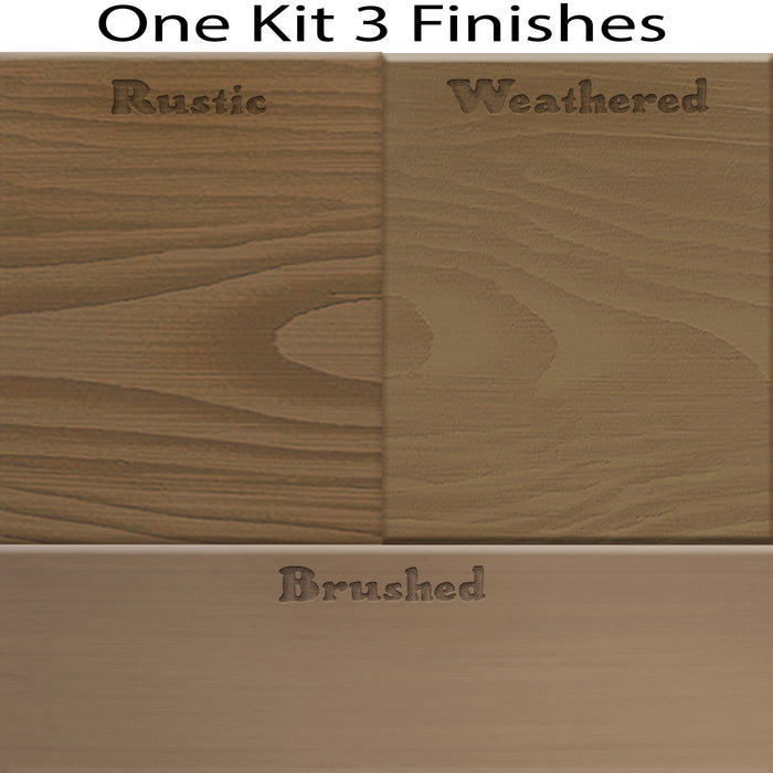 Swatch of Retique It Wood'n Finish Kit in Barn Wood stain showing three wood finish samples for furniture refinishing.