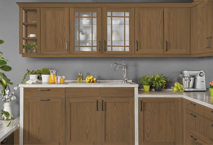 Retique It Wood'n Cabinet Kit with rustic barn wood stain, showcasing 48 grained cabinet doors for a farmhouse kitchen look.