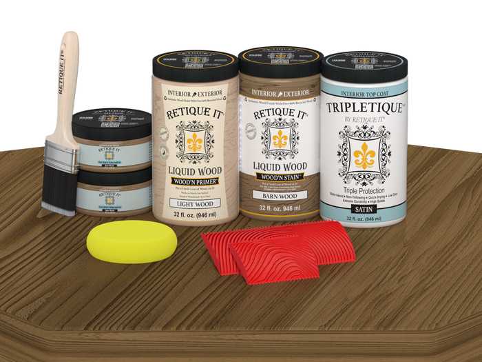 Retique It Wood'n Cabinet Kit with barn wood stain, satin finish, featuring 12 grained cabinet doors on a table surface.