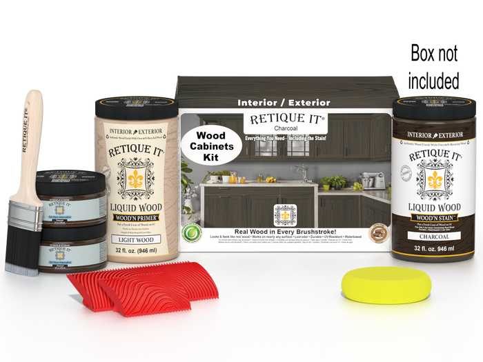 Retique It Wood'n Cabinet Kit in Charcoal stain featuring 12 grained cabinet doors with a natural wood texture.