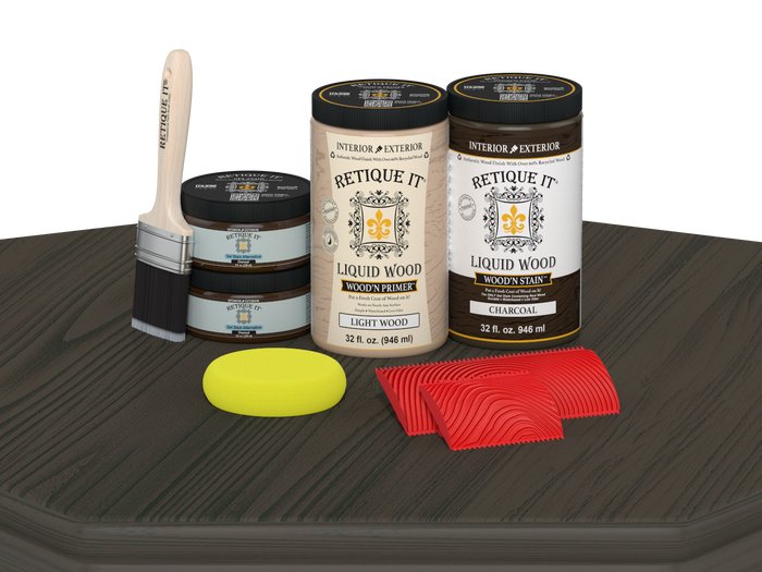 Retique It Wood'n Cabinet Kit with 12 charcoal-grained door stains displayed on a table, showcasing natural wood finish.