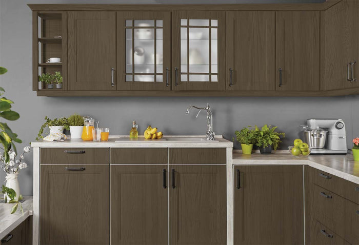 Retique It Wood'n Cabinet Kit with 12 charcoal grained stain doors for kitchen cabinets, showing textured wood grain details.