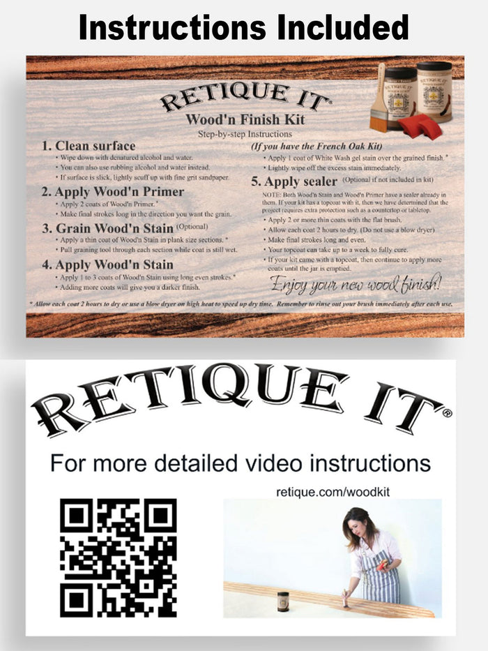 Retique It Wood'n Cabinet Kit with charcoal stain, showing step-by-step instructions for grained 12-door cabinet transformation.