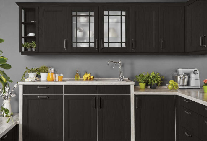 Retique It Wood'n Cabinet Kit with 12 grained black stained cabinet doors for kitchen renovation.