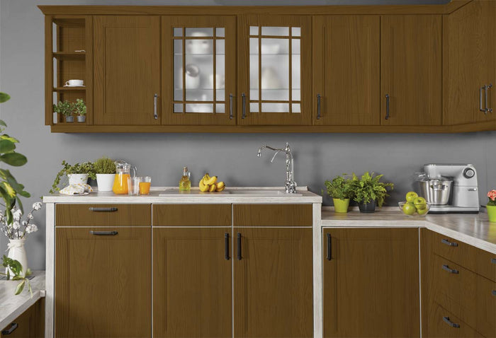 Retique It Wood'n Cabinet Kit with 12 dark pecan grained stain doors for kitchen cabinets, showcasing rich wood grain texture.