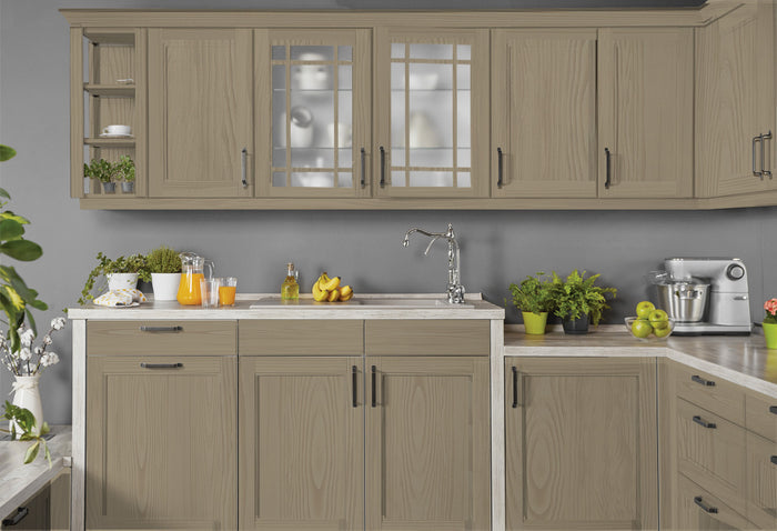 Retique It Wood'n Cabinet Kit with 12 grained drift wood stain doors for rustic kitchen cabinets, showcasing natural wood grain details.