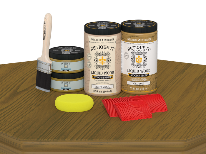 Retique It Wood'n Cabinet Kit in Old Oak stain with 12 grained doors, displayed on a table, showcasing natural wood grain details.