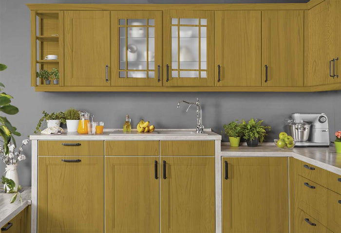 Retique It Wood'n Cabinet Kit with Old Oak stain, featuring 12 grained cabinet doors for a natural wood look in the kitchen.