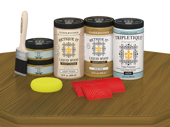 Retique It Wood'n Cabinet Kit in Old Oak stain, satin finish, showing 12 grained cabinet doors and wood texture.