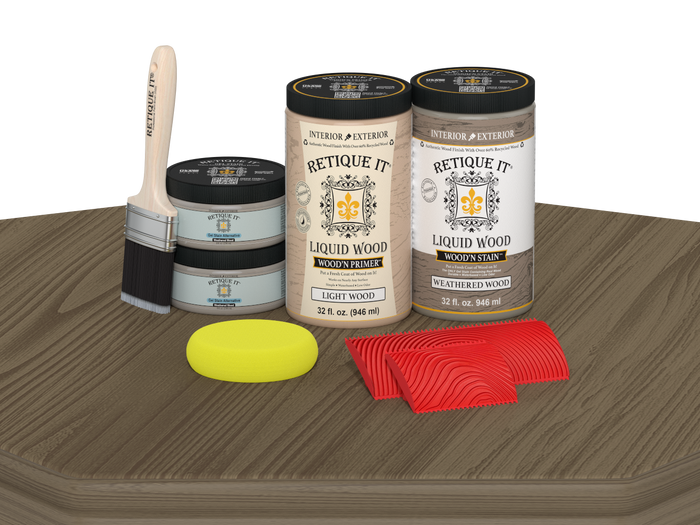Retique It Wood'n Cabinet Kit with weathered wood stain, featuring 12 grained cabinet doors on a table display.