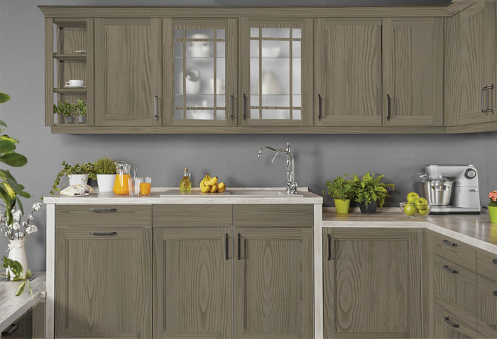 Retique It Wood'n Cabinet Kit with 12 weathered wood-grained stain doors, ideal for rustic kitchen cabinet updates.