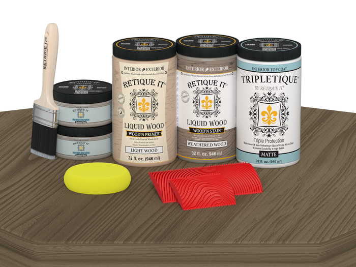 Retique It Wood'n Cabinet Kit with weathered wood stain, featuring 12 grained cabinet doors on a tabletop surface.