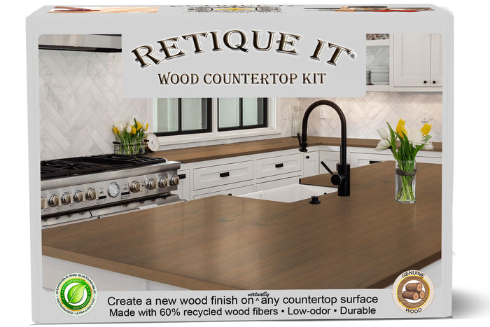 Retique It Wood'n Finish countertop kit showing a completed wood-look countertop with natural wood grain finish.