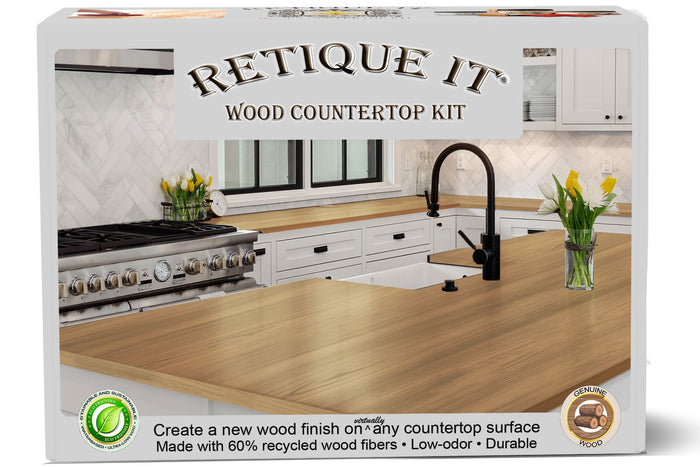 Retique It Wood'n Finish countertop kit with wood grain finish, including tools and materials for countertop renovation.