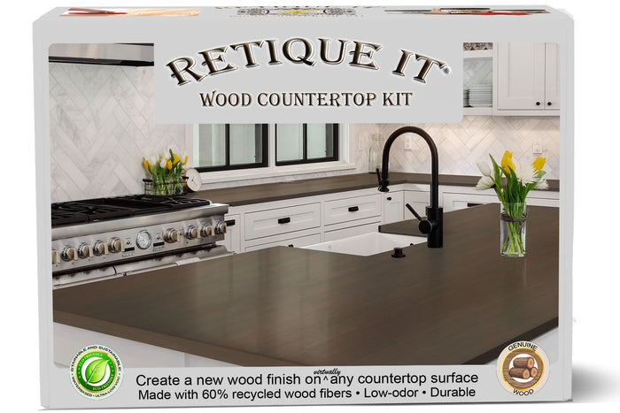 Retique It Wood'n Finish countertop kit showing sample wood grain and finish options for kitchen countertops.