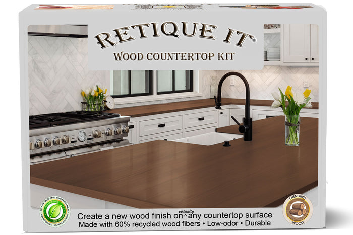 Retique It Wood'n Finish countertop kit with wood grain finish and tools for DIY countertop refinishing project.