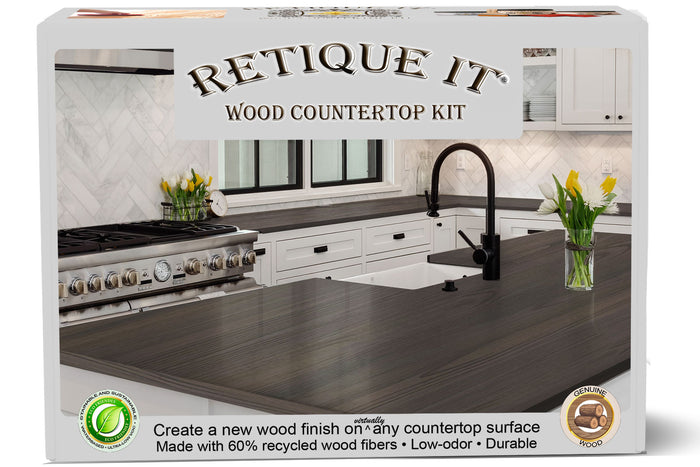 Retique It Wood'n Finish countertop kit displayed with sample wood finish on a countertop surface.