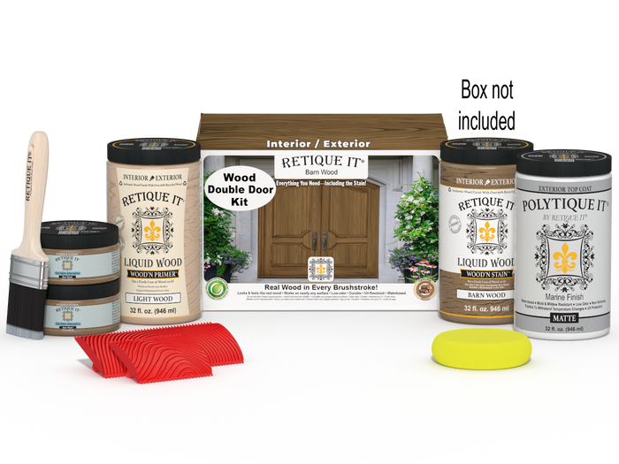 Retique It Barn Wood double-door refinishing kit with product containers, brush, graining tools, and sponge.